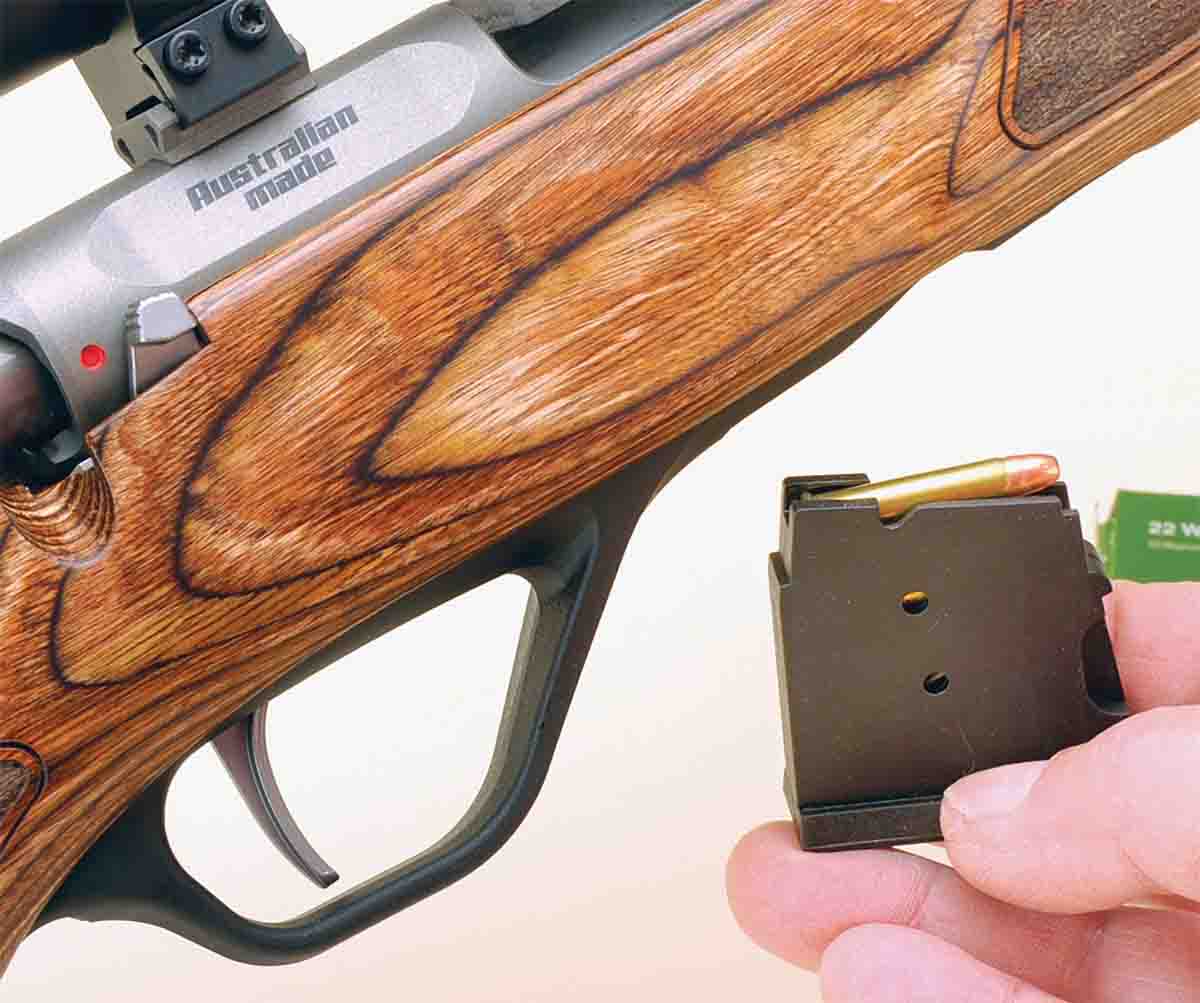 The rifle’s polymer magazine holds five rounds of ammunition; extra magazines are available.